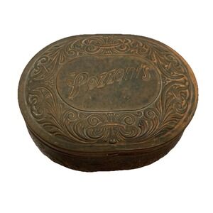 Vtg Brass Embossed Pozzoni's Complexion Powder Tin 4" x 3" x 2" Empty READ